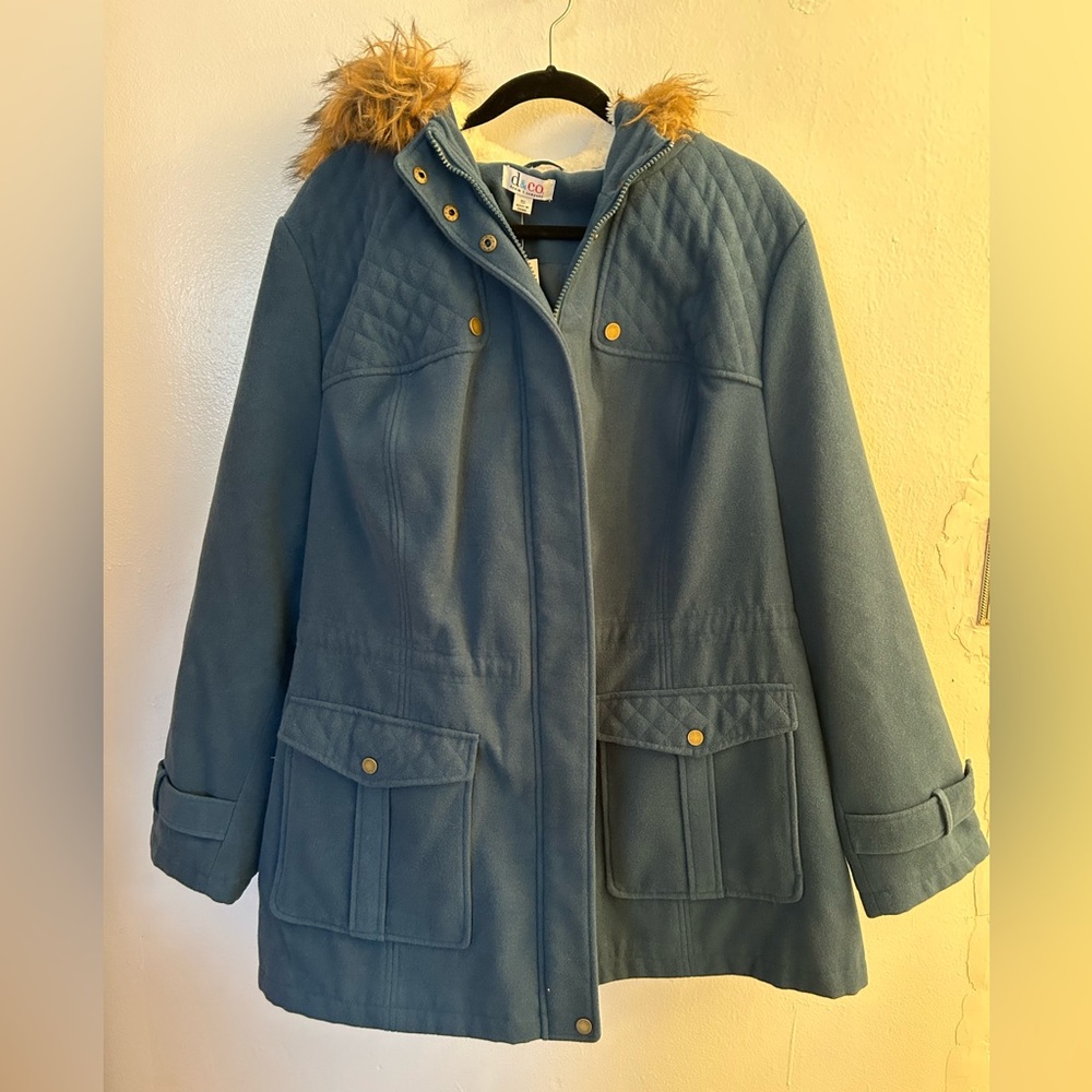 NWT Denim&Co winter jacket with hood. Size 3X. Color peacock/ teal